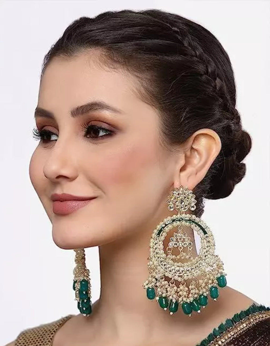 Jewel City Luxury Kundan Pearl Chandbali Earrings with Green Drops Traditional Wedding Statement Earrings | Grocsy