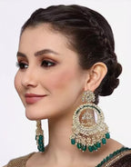 Jewel City Luxury Kundan Pearl Chandbali Earrings with Green Drops Traditional Wedding Statement Earrings | Grocsy