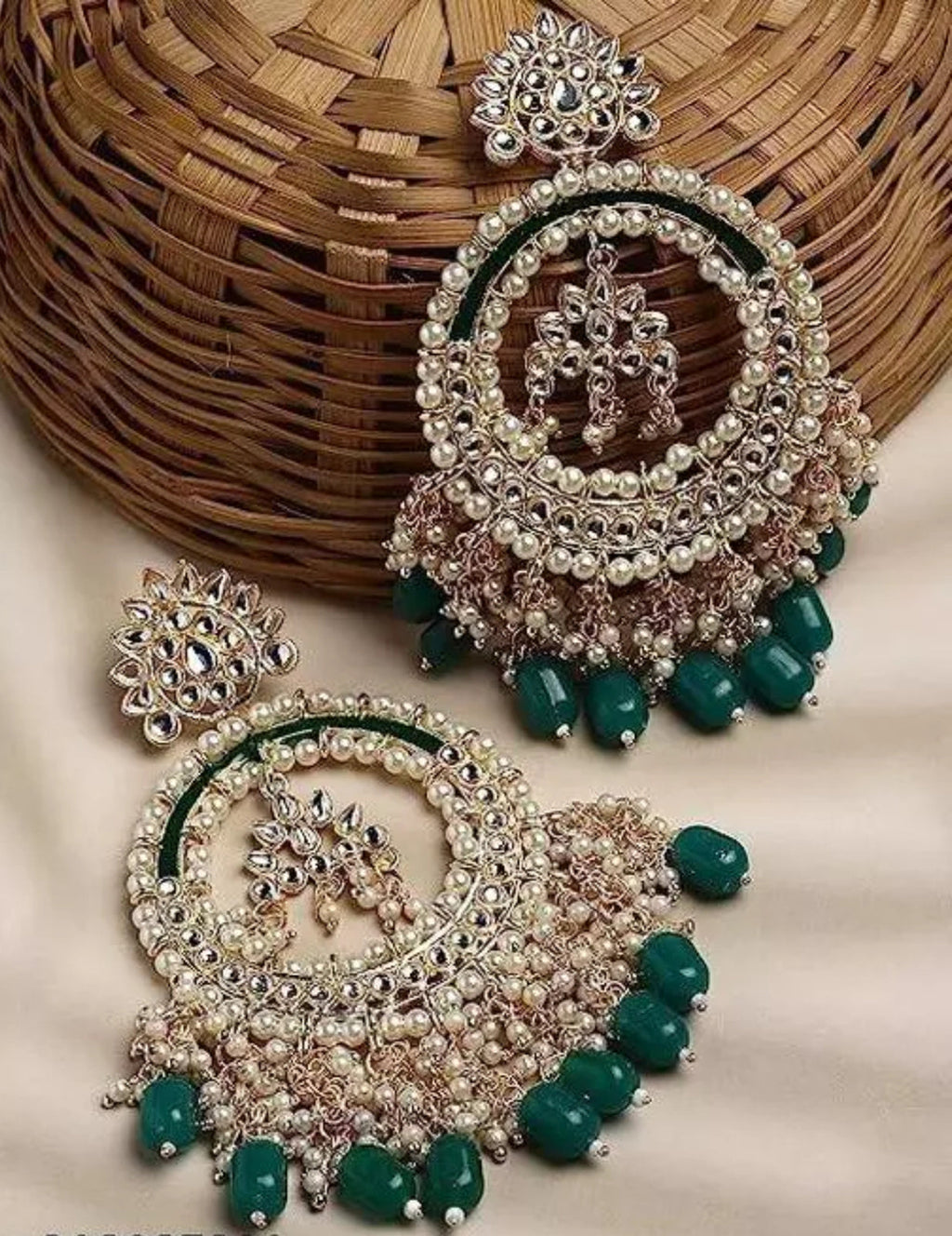 Jewel City Luxury Kundan Pearl Chandbali Earrings with Green Drops Traditional Wedding Statement Earrings | Grocsy