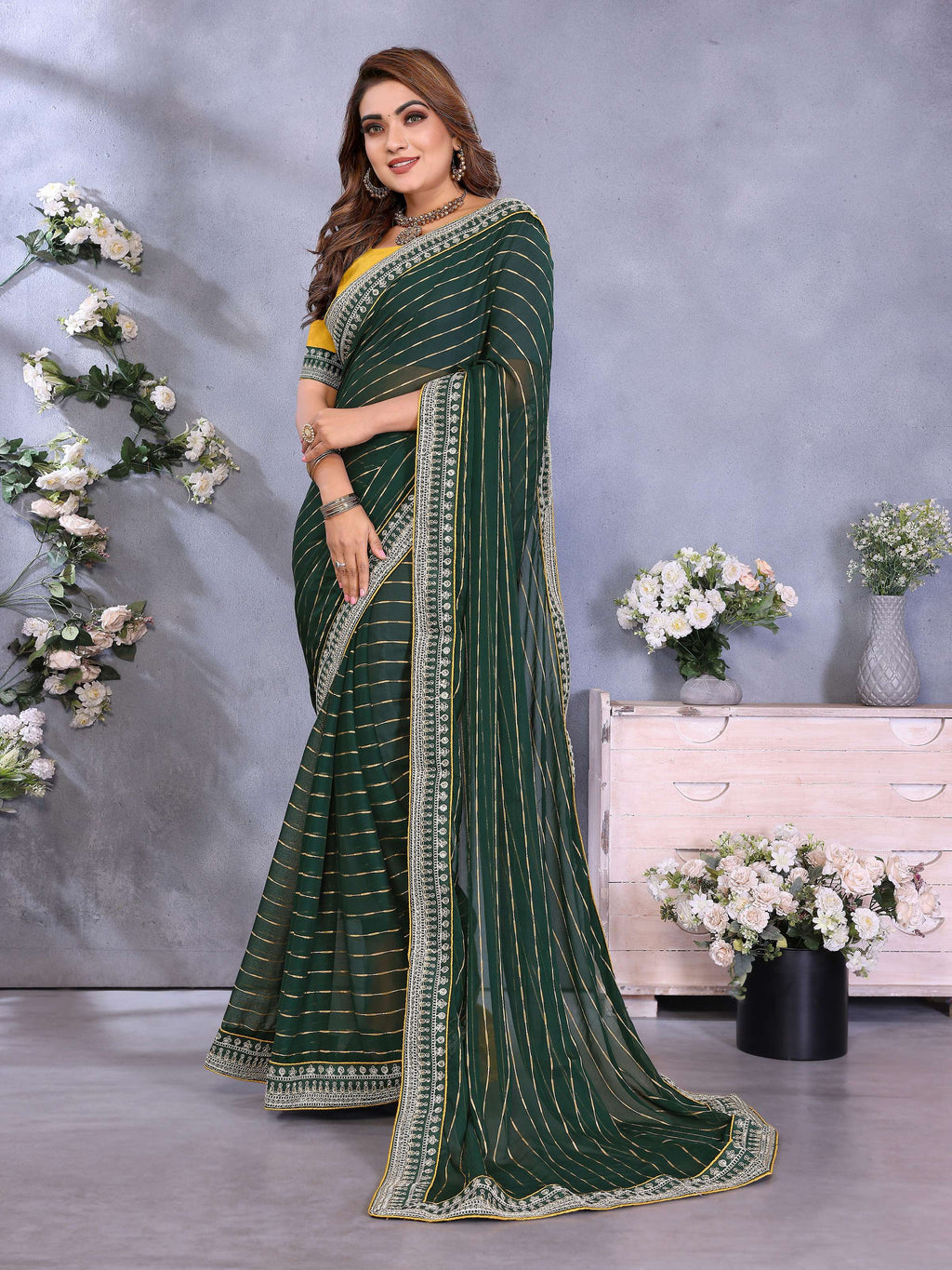 Vedant Vastram Georgette Embroidered & Sequin work Bollywood Fancy Saree - Green | Grocsy