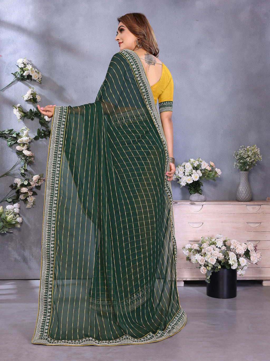 Vedant Vastram Georgette Embroidered & Sequin work Bollywood Fancy Saree - Green | Grocsy