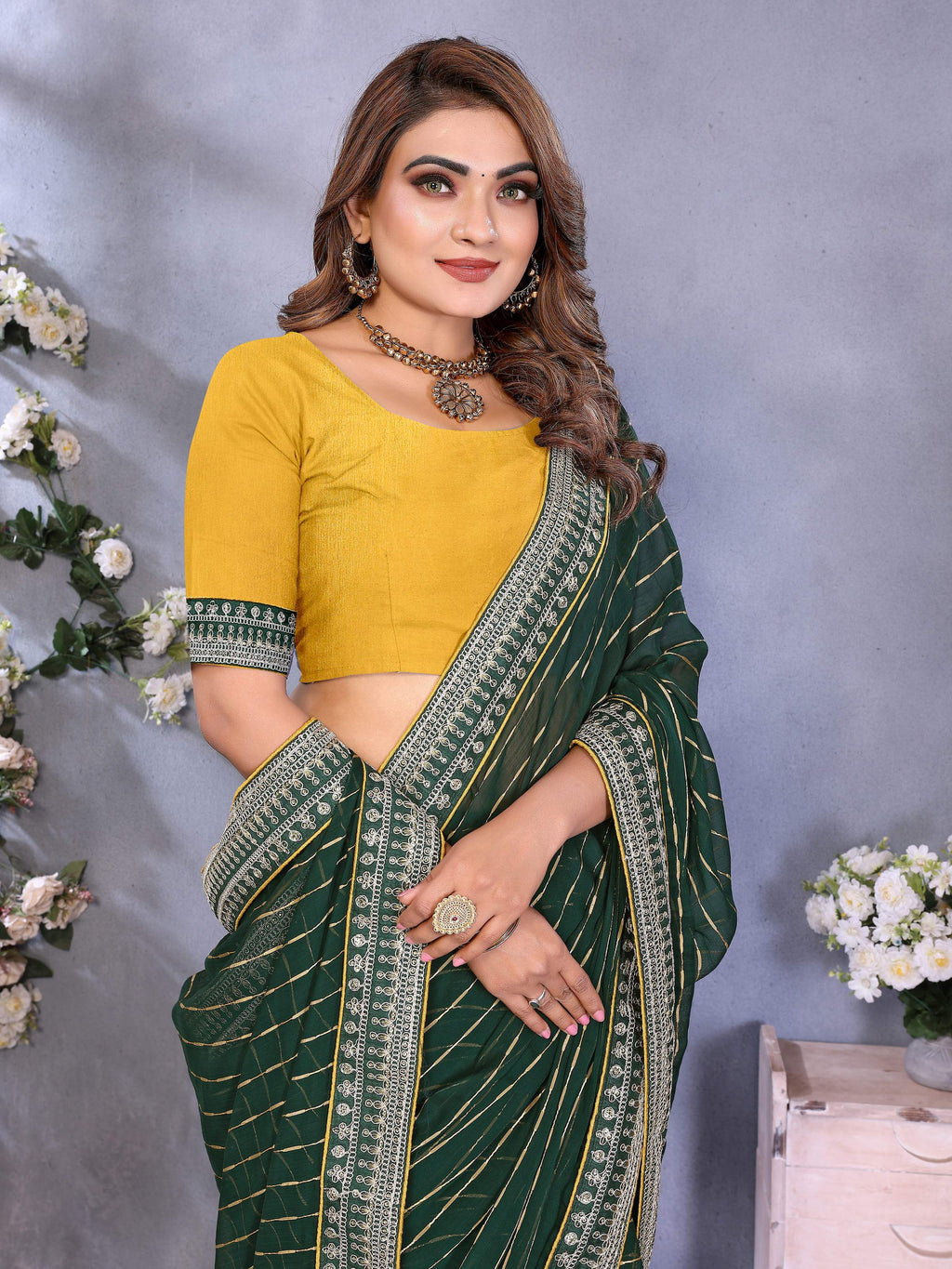 Vedant Vastram Georgette Embroidered & Sequin work Bollywood Fancy Saree - Green | Grocsy