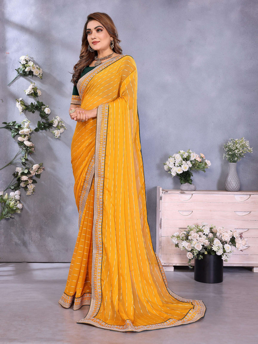 Vedant Vastram Georgette Embroidered & Sequin work Bollywood Fancy Saree - Mustard | Grocsy