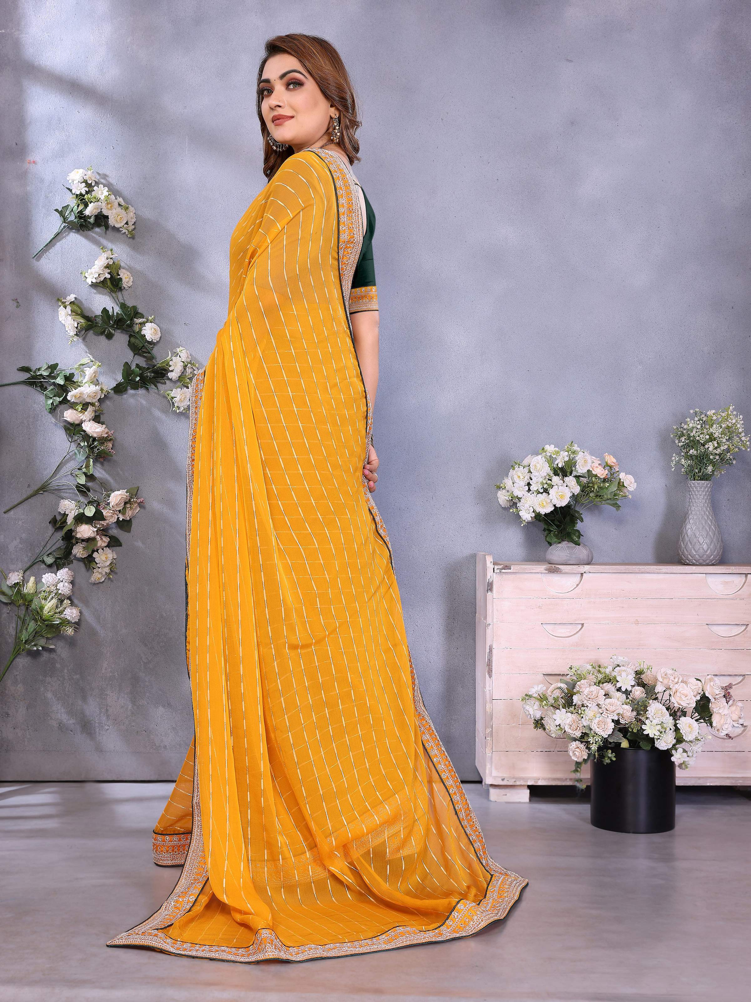 Vedant Vastram Georgette Embroidered & Sequin work Bollywood Fancy Saree - Mustard | Grocsy
