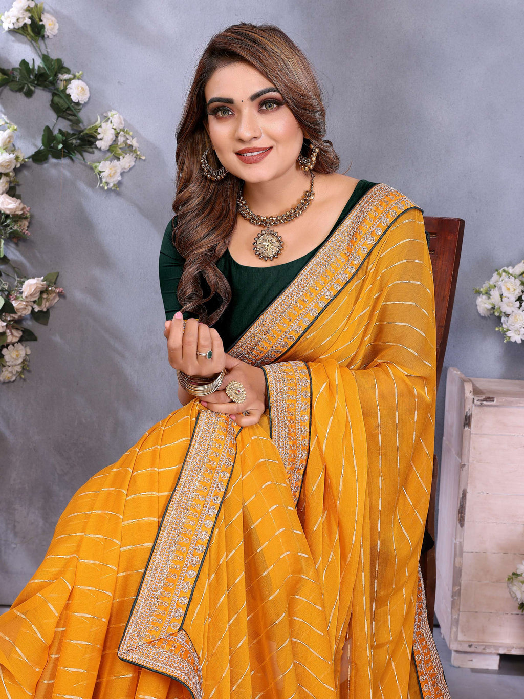 Vedant Vastram Georgette Embroidered & Sequin work Bollywood Fancy Saree - Mustard | Grocsy