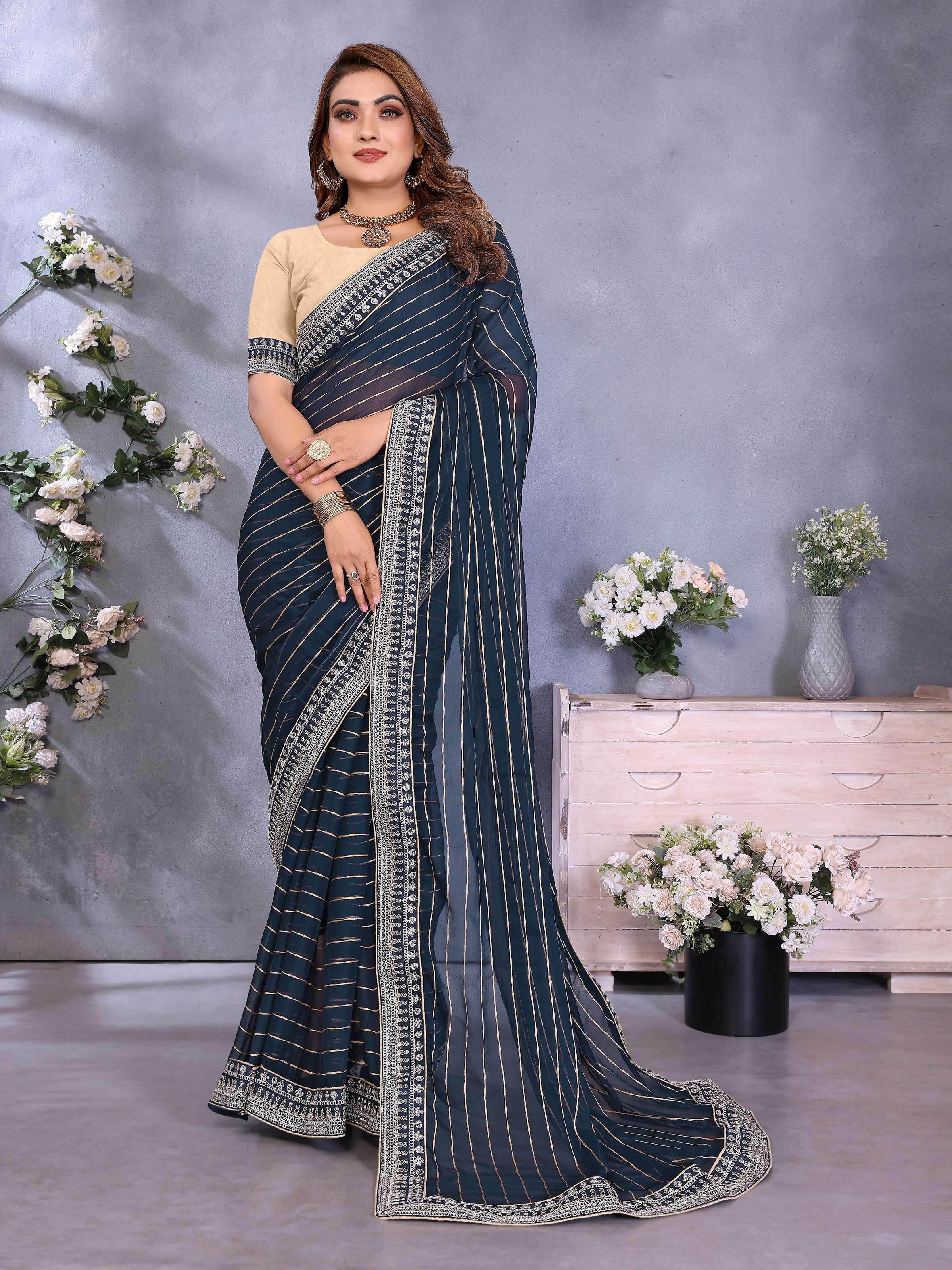 Vedant Vastram Georgette Embroidered & Sequin work Bollywood Fancy Saree - Navy Blue | Grocsy