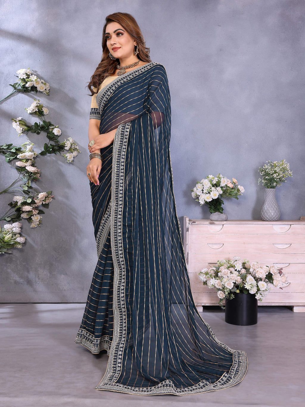 Vedant Vastram Georgette Embroidered & Sequin work Bollywood Fancy Saree - Navy Blue | Grocsy