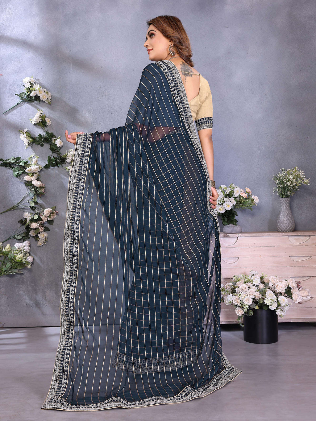 Vedant Vastram Georgette Embroidered & Sequin work Bollywood Fancy Saree - Navy Blue | Grocsy
