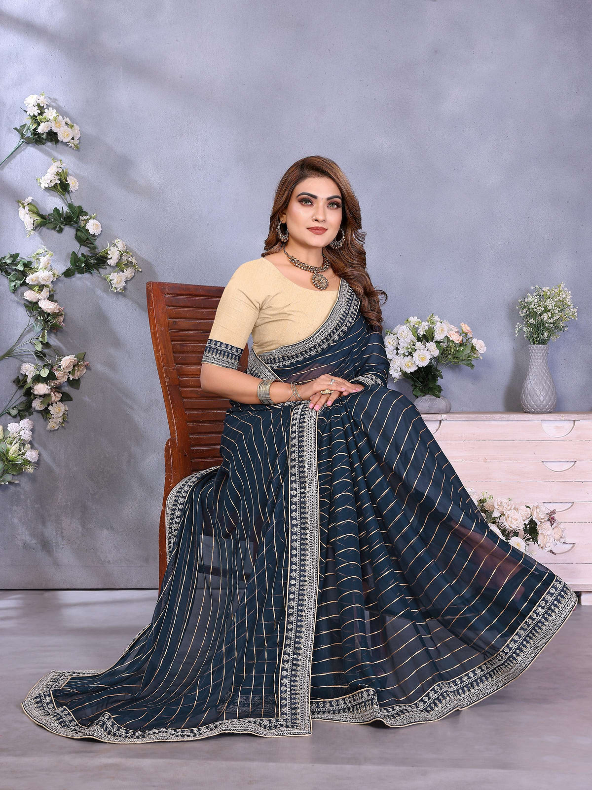 Vedant Vastram Georgette Embroidered & Sequin work Bollywood Fancy Saree - Navy Blue | Grocsy