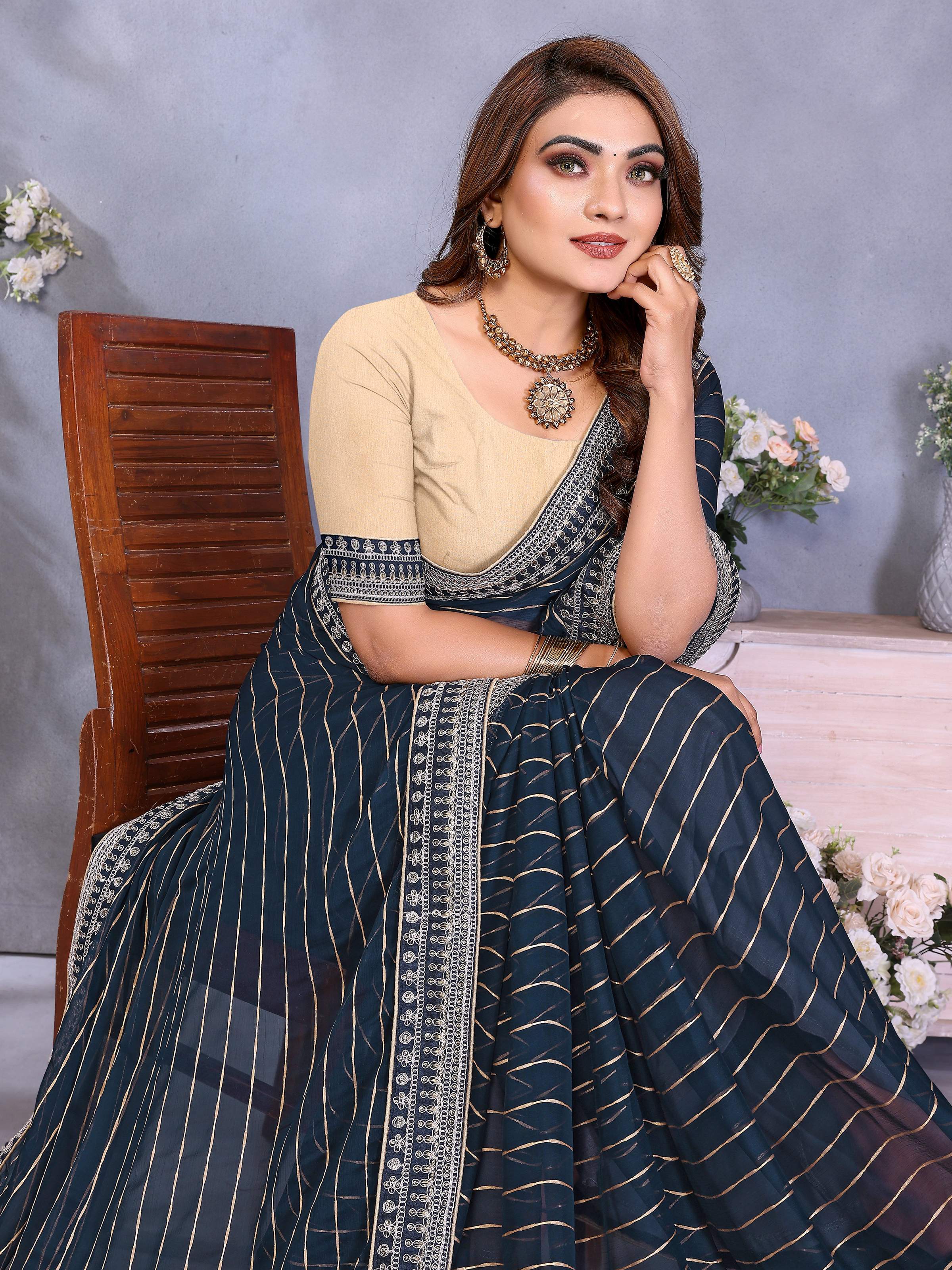 Vedant Vastram Georgette Embroidered & Sequin work Bollywood Fancy Saree - Navy Blue | Grocsy