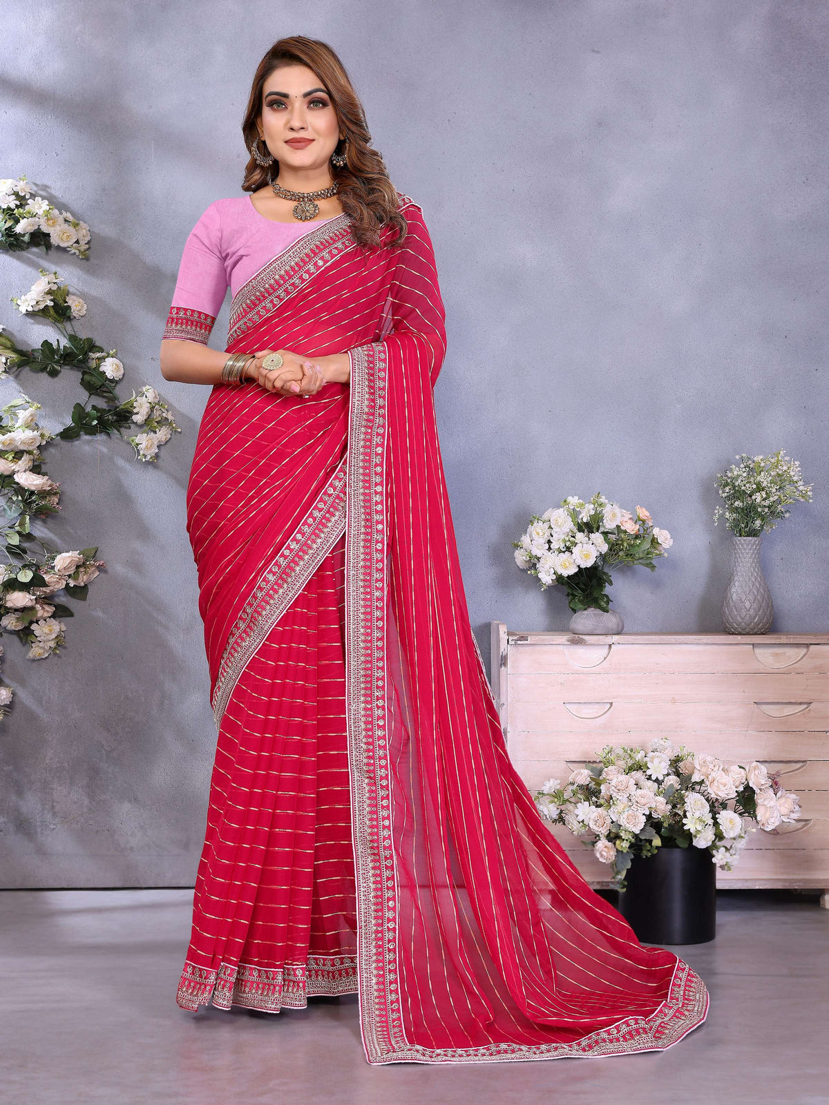 Vedant Vastram Georgette Embroidered & Sequin work Bollywood Fancy Saree - Pink | Grocsy