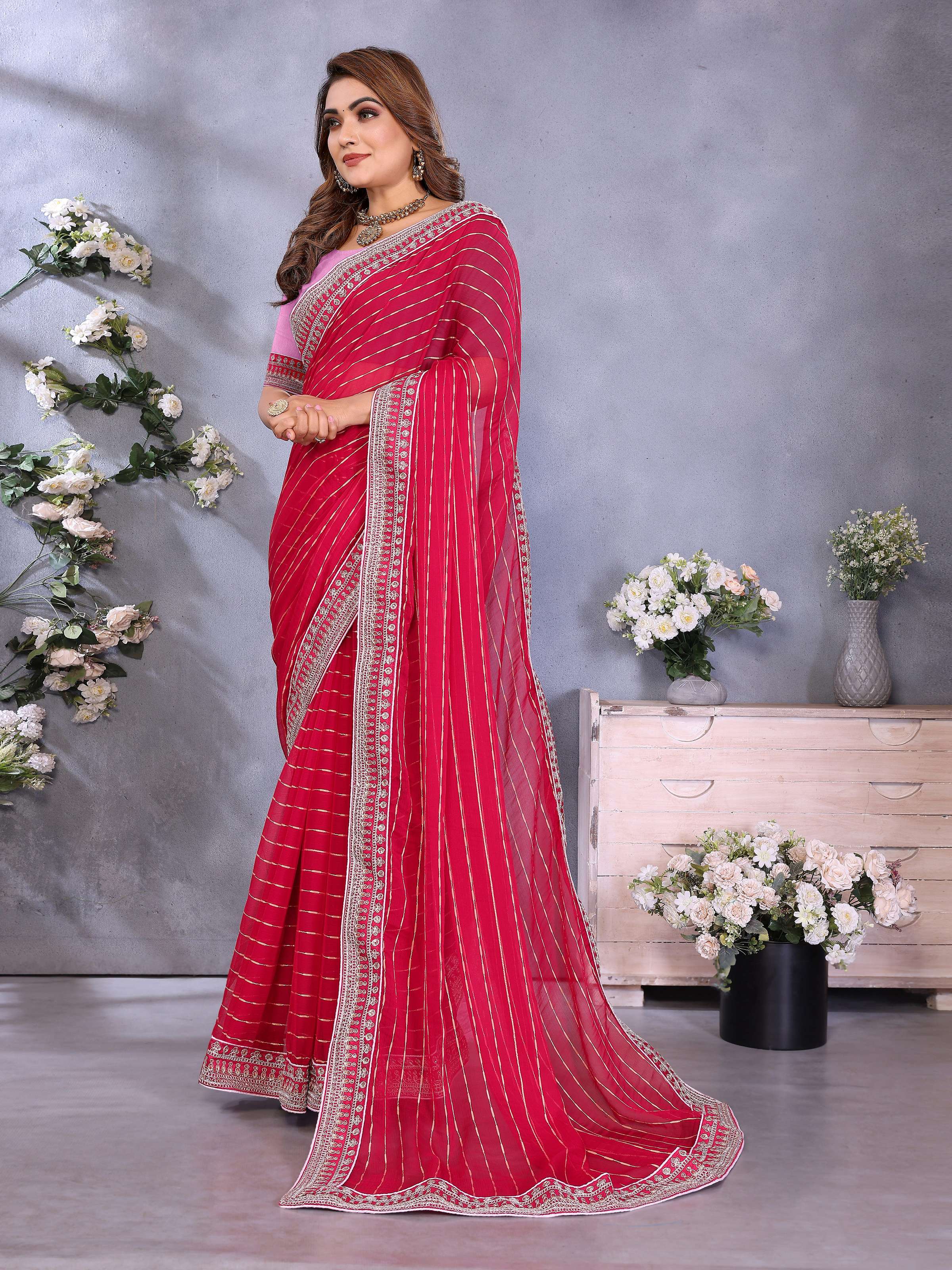 Vedant Vastram Georgette Embroidered & Sequin work Bollywood Fancy Saree - Pink | Grocsy