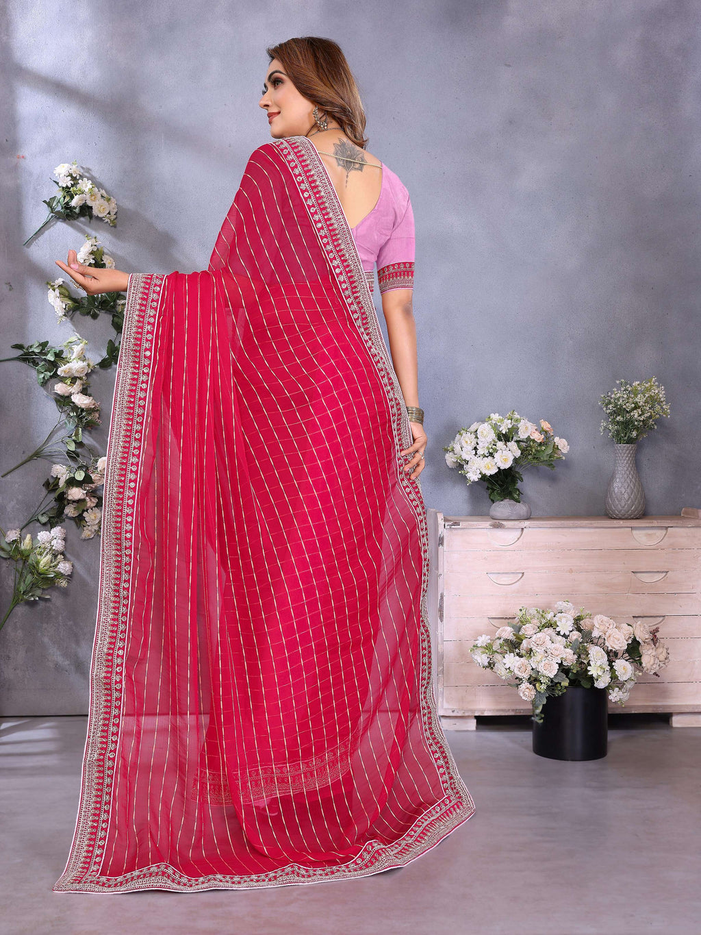 Vedant Vastram Georgette Embroidered & Sequin work Bollywood Fancy Saree - Pink | Grocsy