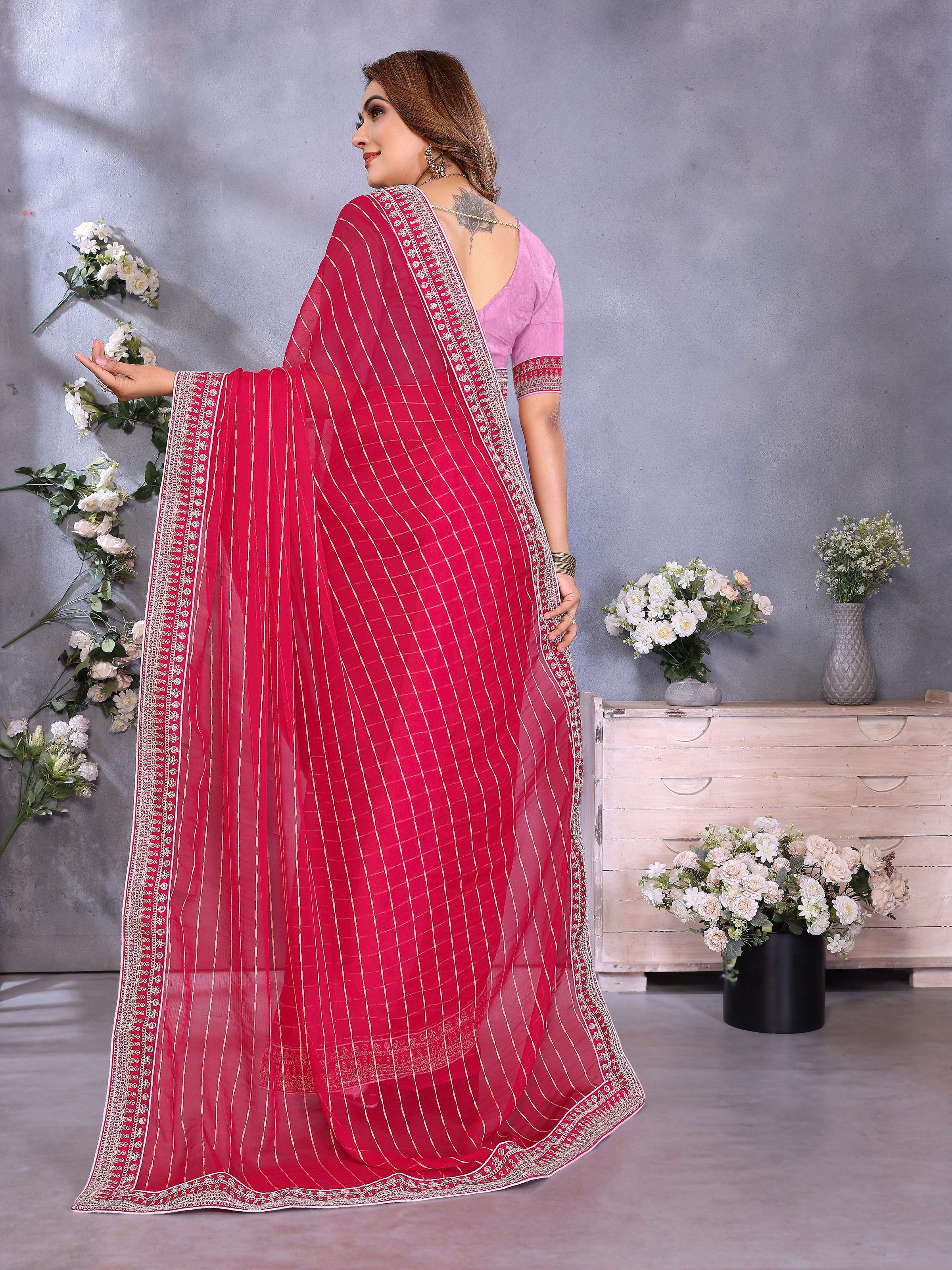 Vedant Vastram Georgette Embroidered & Sequin work Bollywood Fancy Saree - Pink | Grocsy