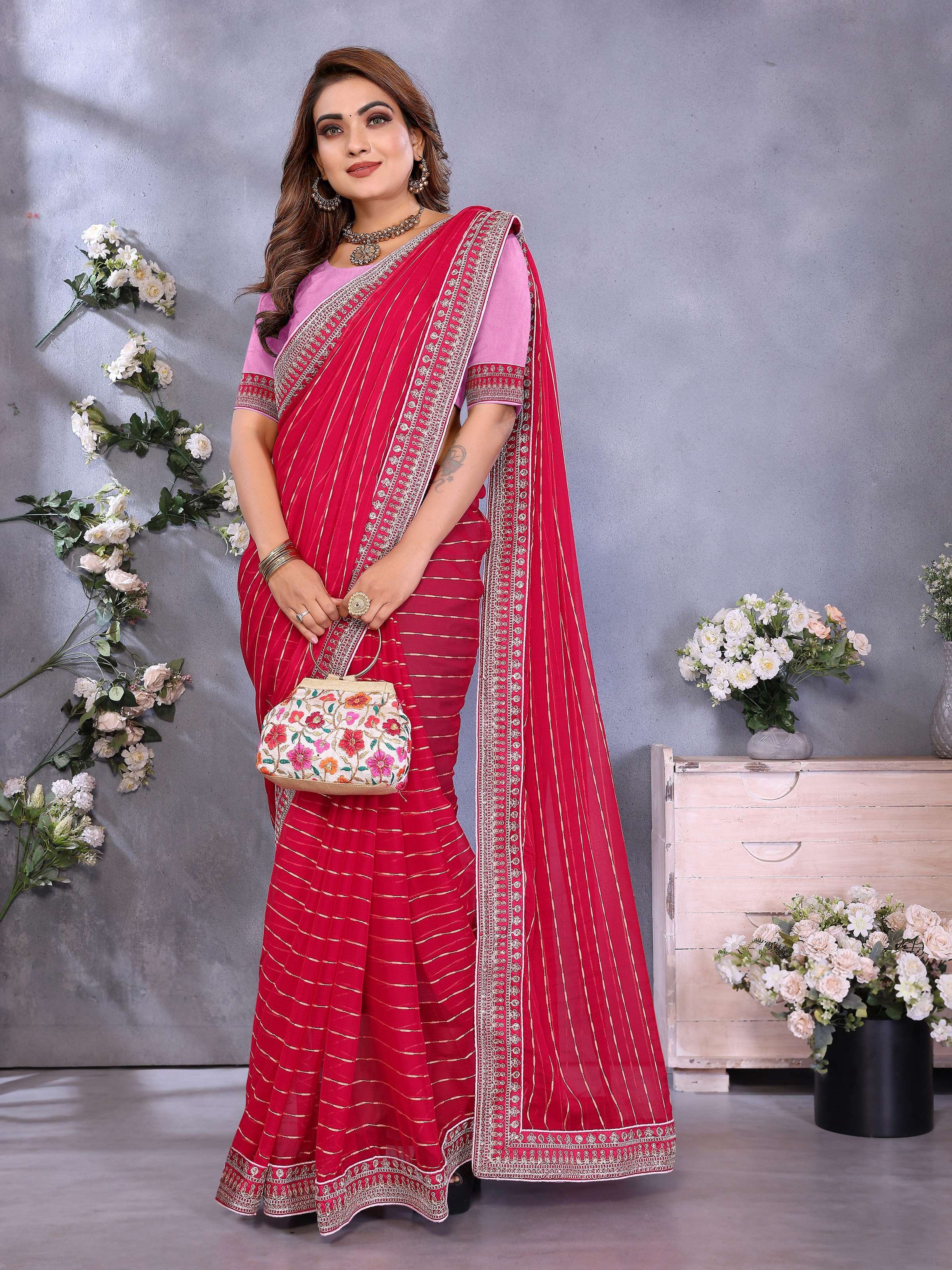 Vedant Vastram Georgette Embroidered & Sequin work Bollywood Fancy Saree - Pink | Grocsy