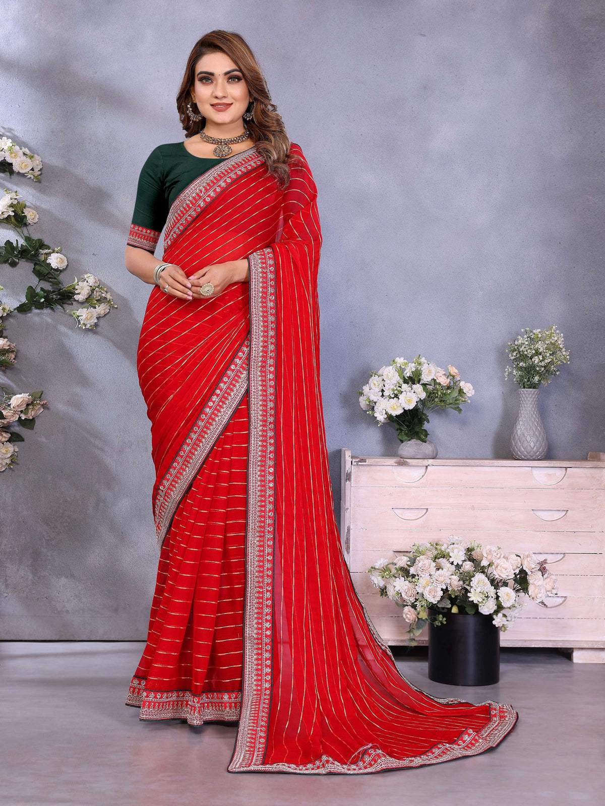 Vedant Vastram Georgette Embroidered & Sequin work Bollywood Fancy Saree - Red | Grocsy