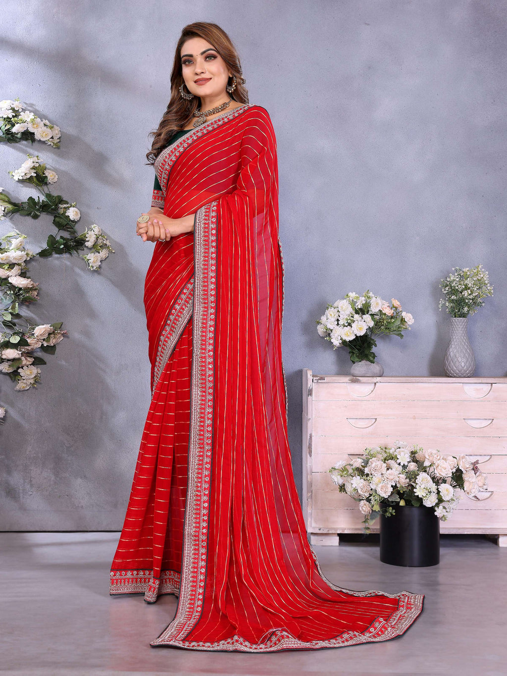 Vedant Vastram Georgette Embroidered & Sequin work Bollywood Fancy Saree - Red | Grocsy