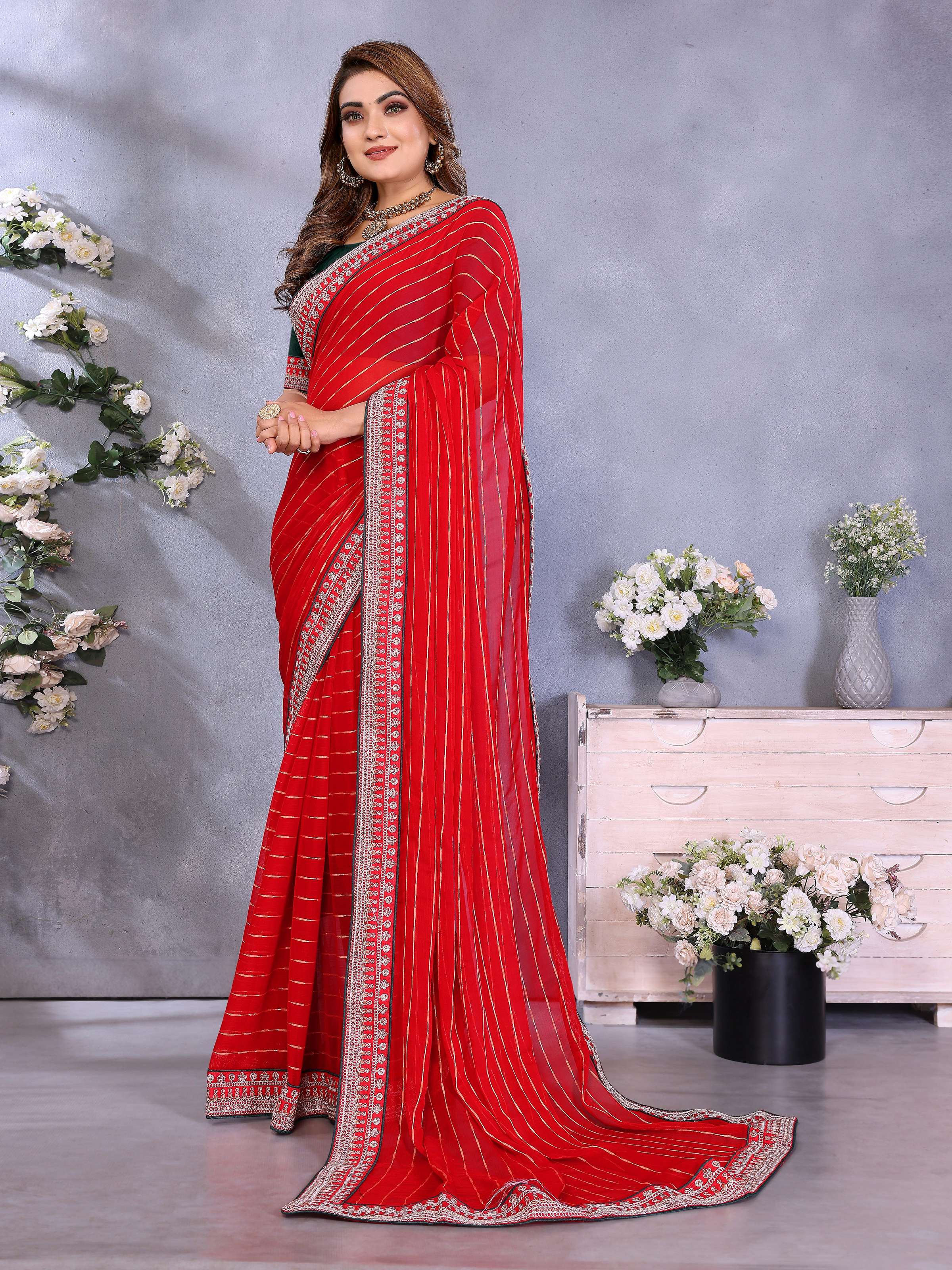 Vedant Vastram Georgette Embroidered & Sequin work Bollywood Fancy Saree - Red | Grocsy