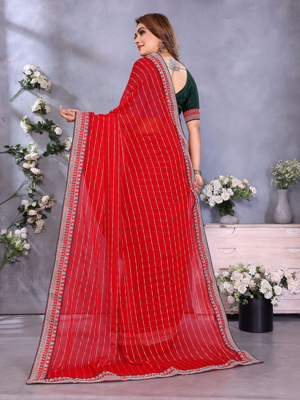 Vedant Vastram Georgette Embroidered & Sequin work Bollywood Fancy Saree - Red | Grocsy