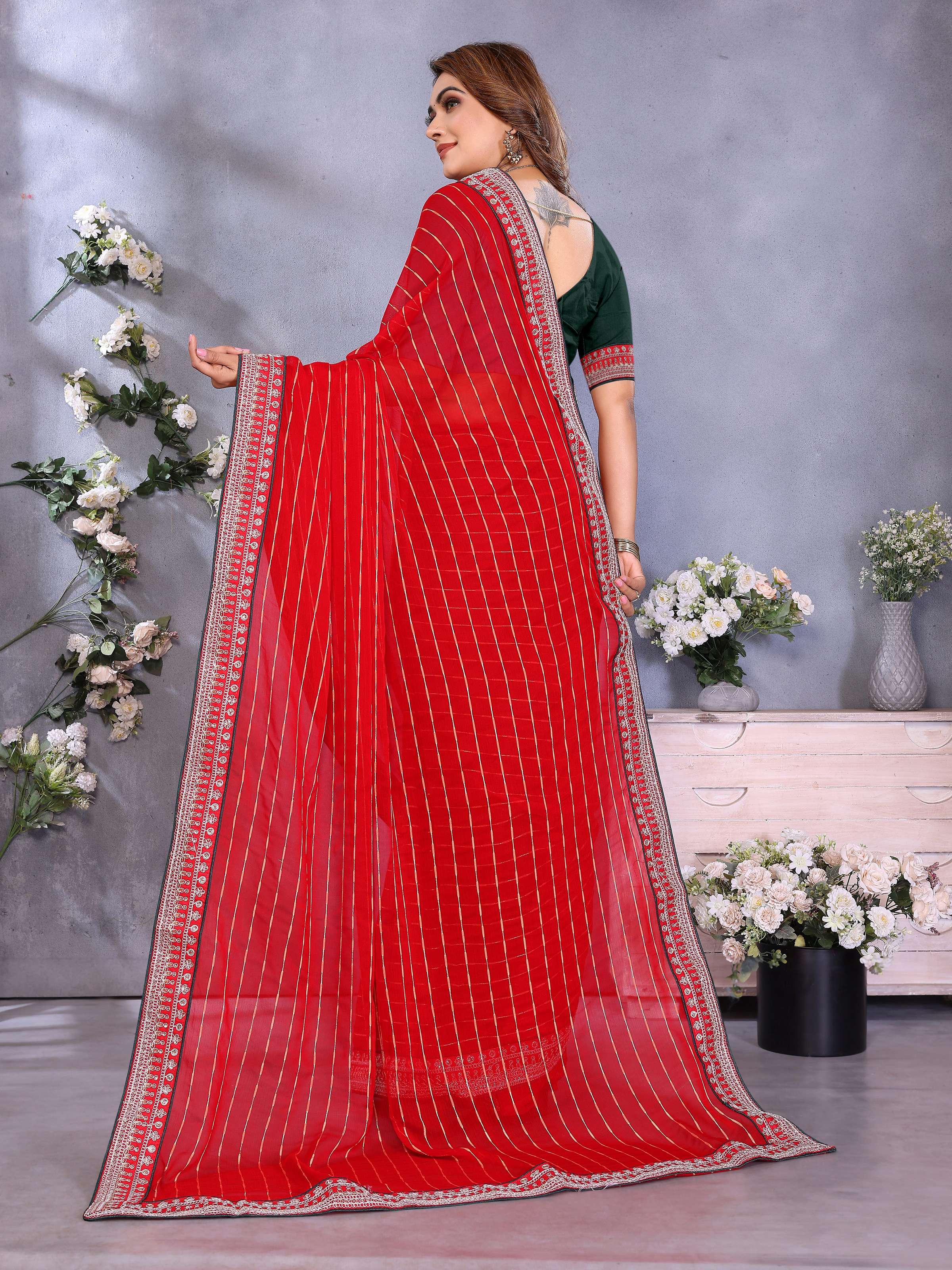 Vedant Vastram Georgette Embroidered & Sequin work Bollywood Fancy Saree - Red | Grocsy