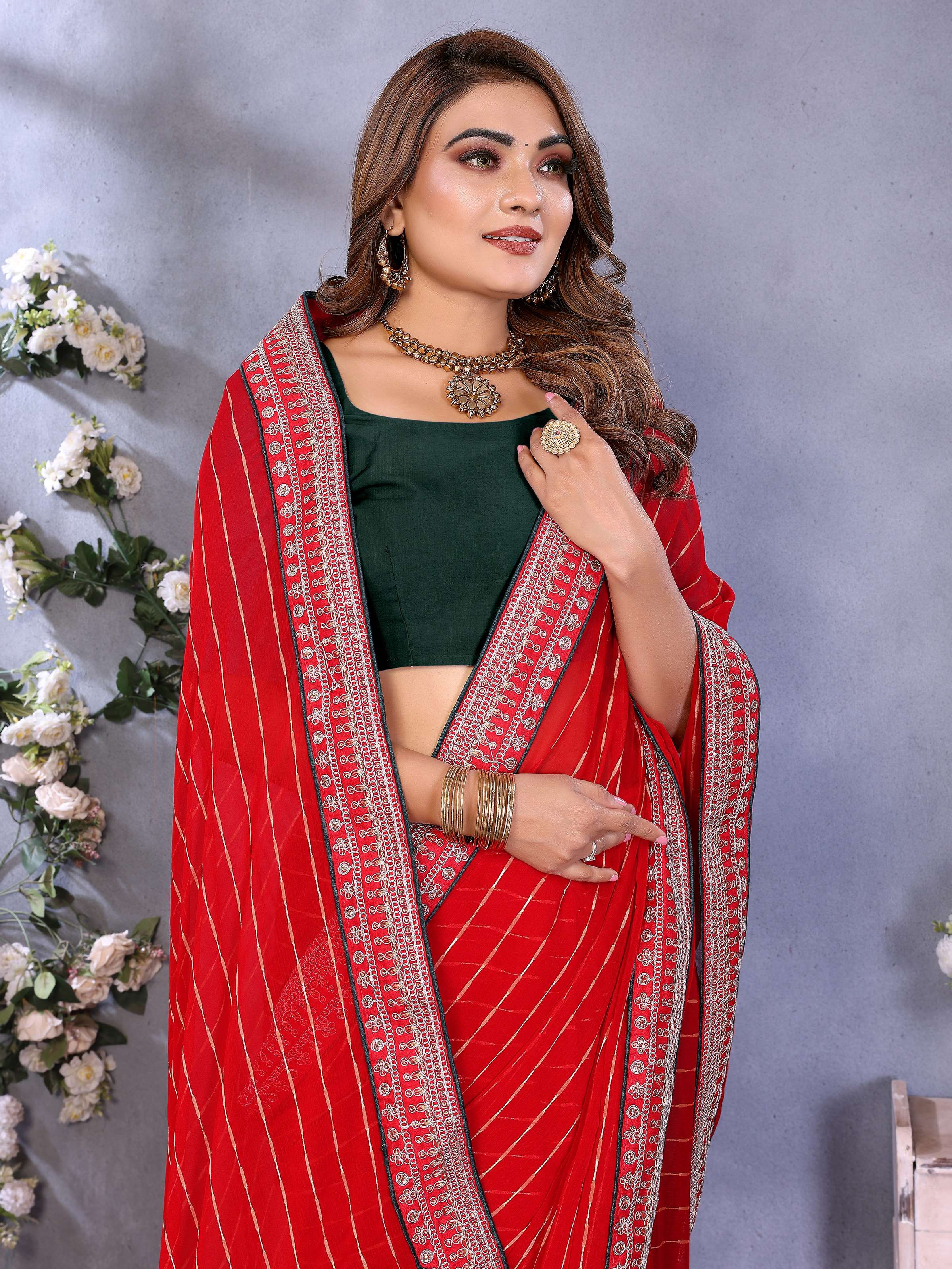 Vedant Vastram Georgette Embroidered & Sequin work Bollywood Fancy Saree - Red | Grocsy