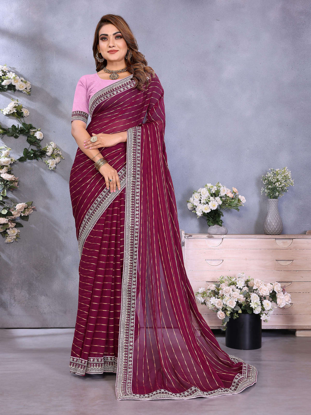 Vedant Vastram Georgette Embroidered & Sequin work Bollywood Fancy Saree - Wine | Grocsy