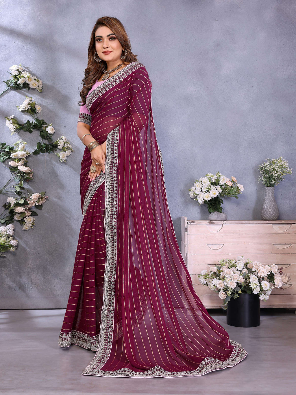 Vedant Vastram Georgette Embroidered & Sequin work Bollywood Fancy Saree - Wine | Grocsy
