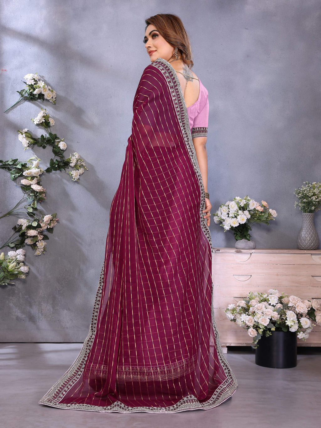 Vedant Vastram Georgette Embroidered & Sequin work Bollywood Fancy Saree - Wine | Grocsy