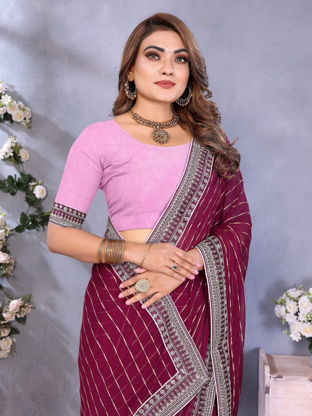 Vedant Vastram Georgette Embroidered & Sequin work Bollywood Fancy Saree - Wine | Grocsy