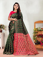 Vedant Vastram Litchi Silk Designer Banarasi Saree - Green | Grocsy