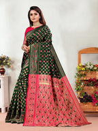 Vedant Vastram Litchi Silk Designer Banarasi Saree - Green | Grocsy