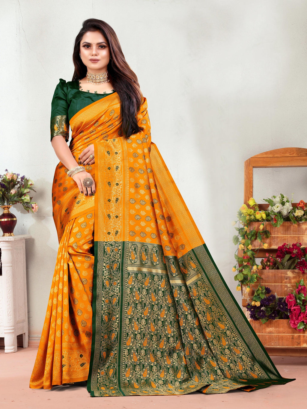 Vedant Vastram Litchi Silk Designer Banarasi Saree - Mustard | Grocsy
