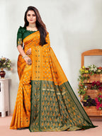 Vedant Vastram Litchi Silk Designer Banarasi Saree - Mustard | Grocsy