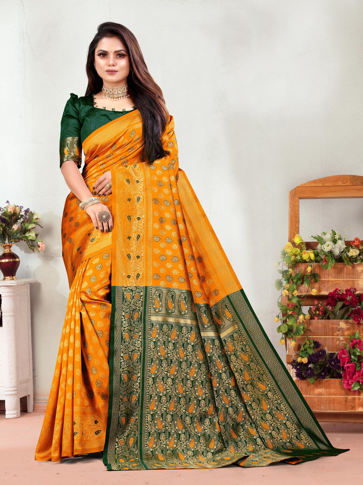 Vedant Vastram Litchi Silk Designer Banarasi Saree - Mustard | Grocsy