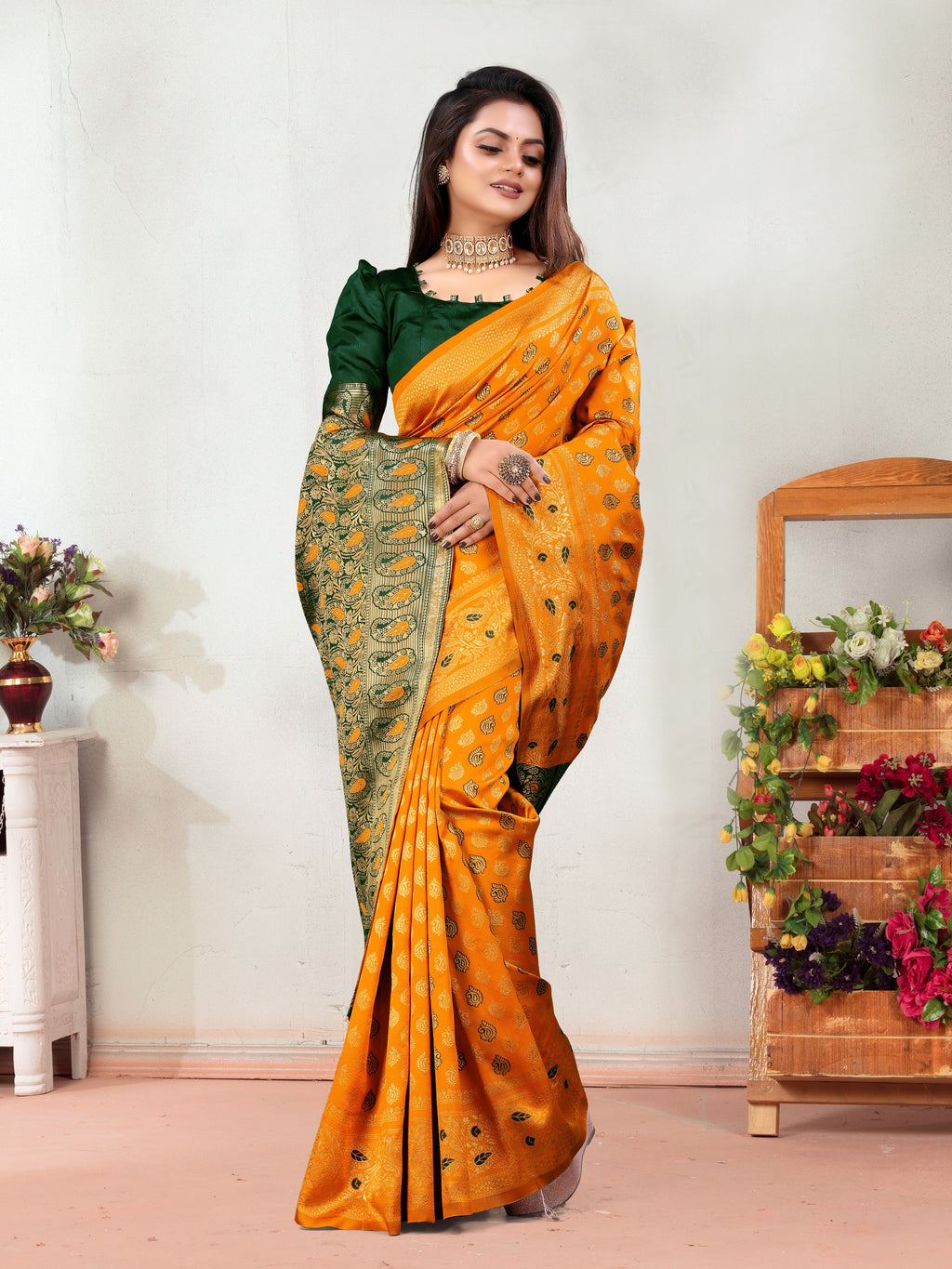 Vedant Vastram Litchi Silk Designer Banarasi Saree - Mustard | Grocsy