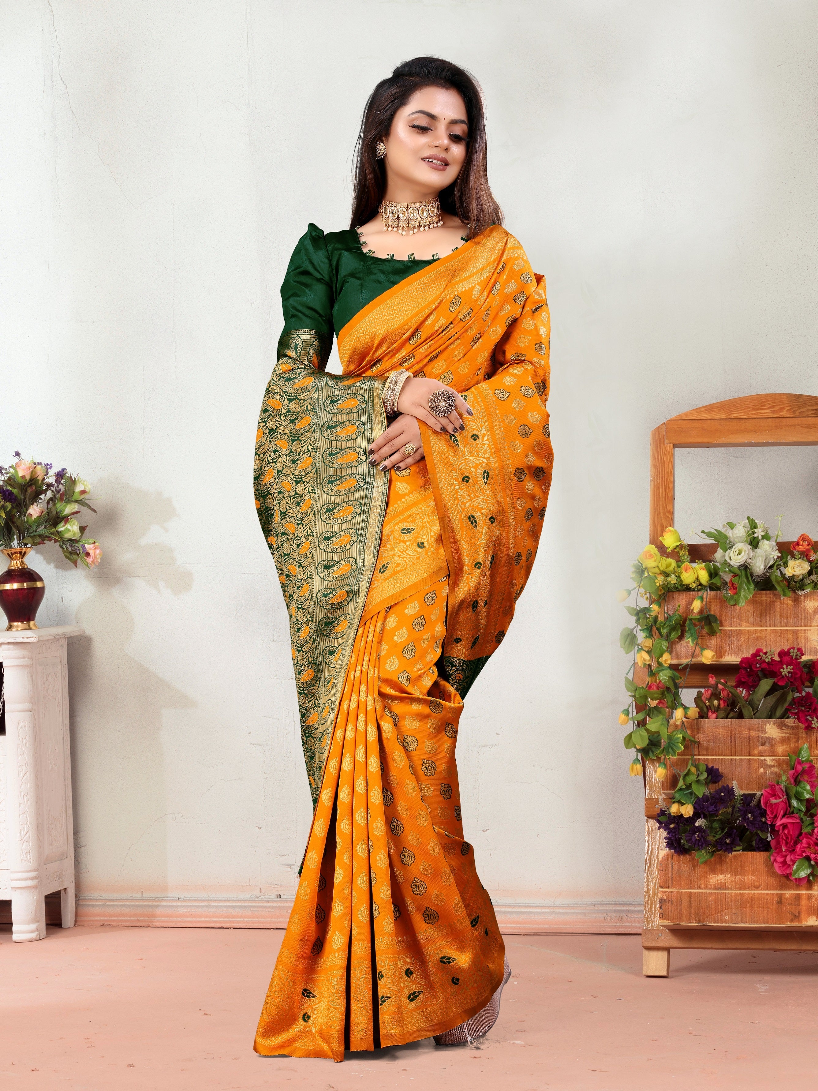Vedant Vastram Litchi Silk Designer Banarasi Saree - Mustard | Grocsy