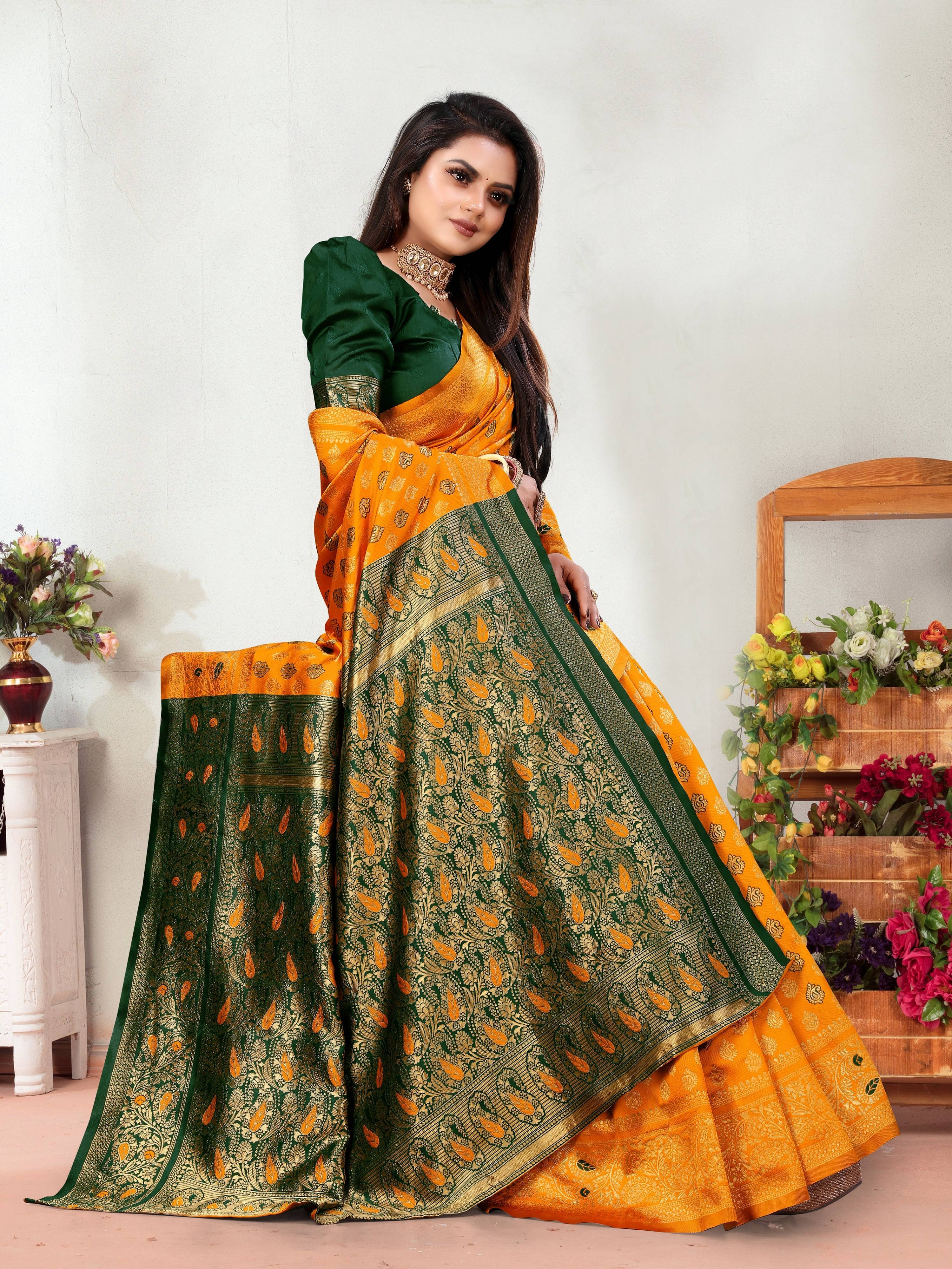 Vedant Vastram Litchi Silk Designer Banarasi Saree - Mustard | Grocsy