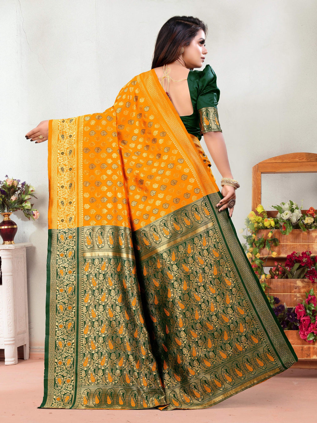 Vedant Vastram Litchi Silk Designer Banarasi Saree - Mustard | Grocsy