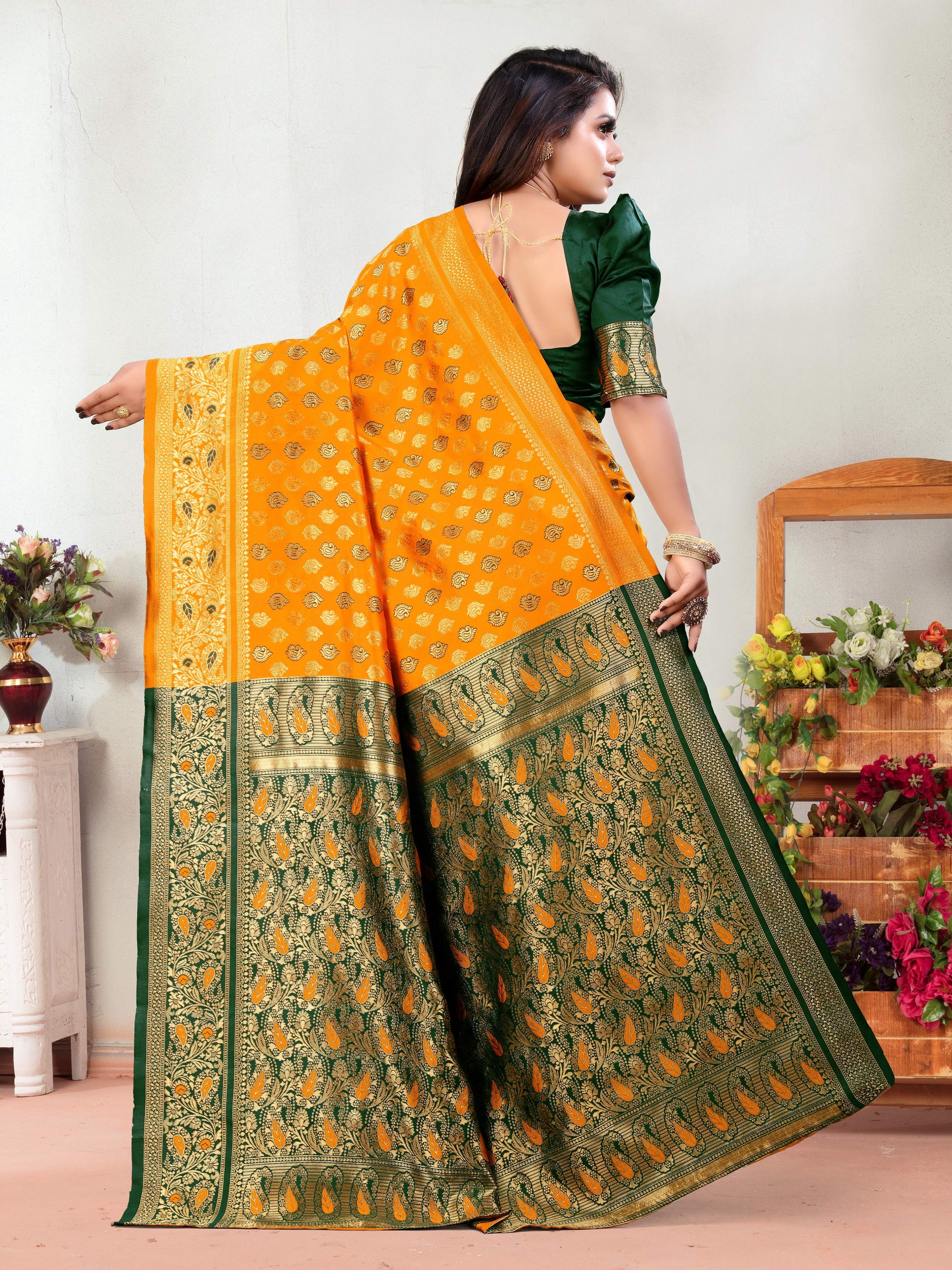 Vedant Vastram Litchi Silk Designer Banarasi Saree - Mustard | Grocsy