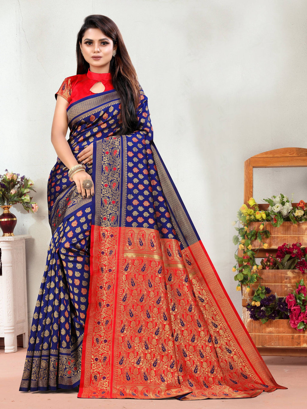 Vedant Vastram Litchi Silk Designer Banarasi Saree - Navy | Grocsy