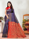 Vedant Vastram Litchi Silk Designer Banarasi Saree - Navy | Grocsy