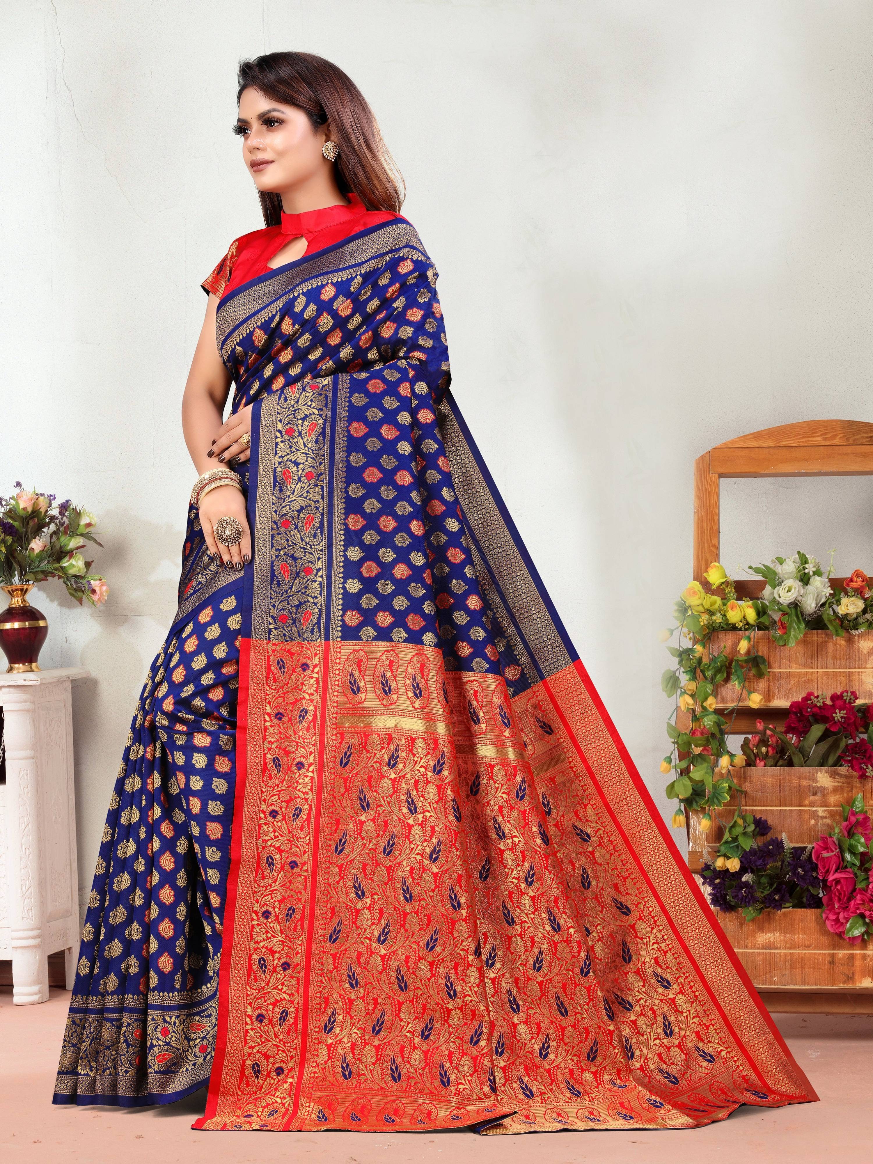 Vedant Vastram Litchi Silk Designer Banarasi Saree - Navy | Grocsy