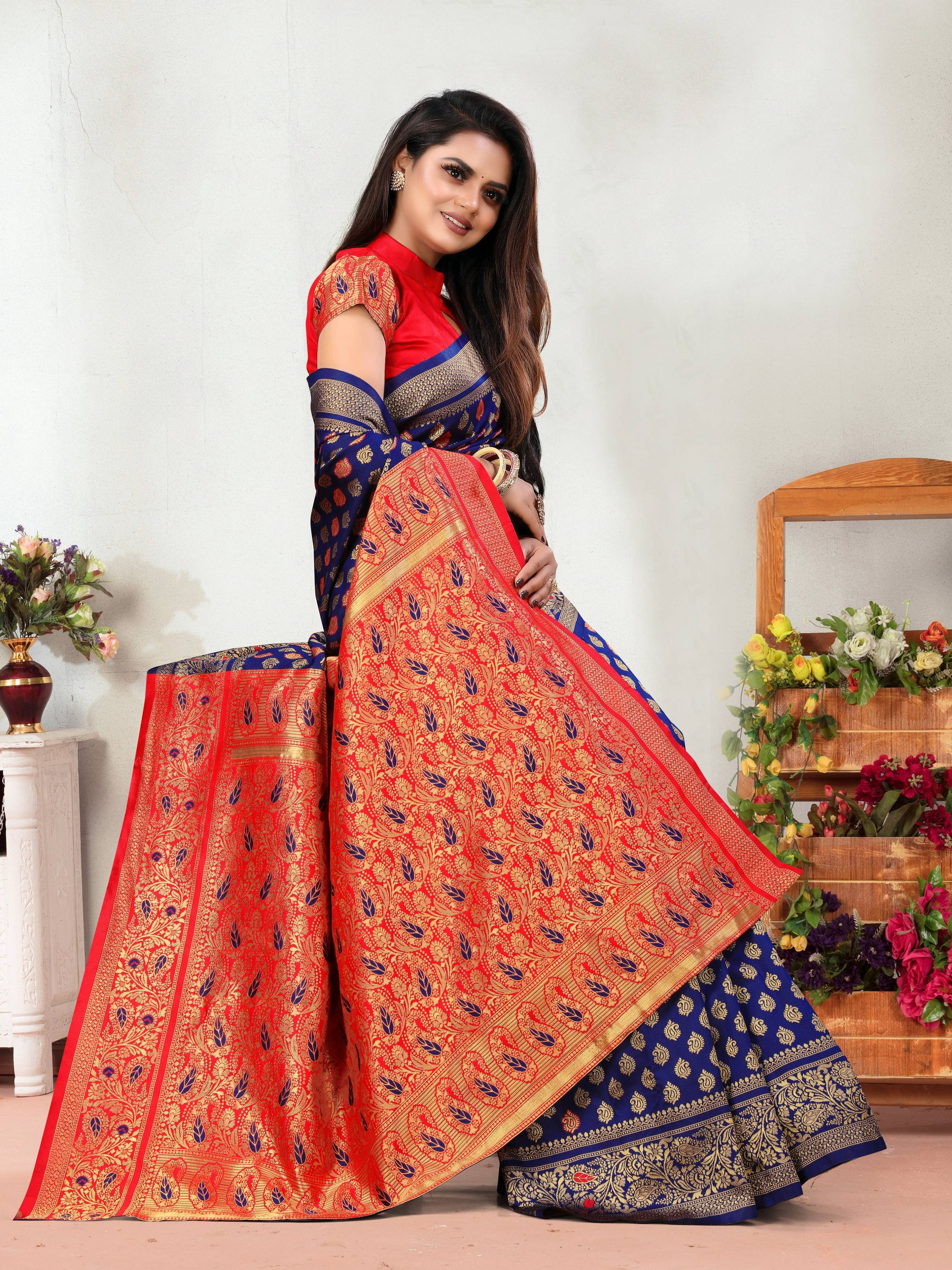 Vedant Vastram Litchi Silk Designer Banarasi Saree - Navy | Grocsy