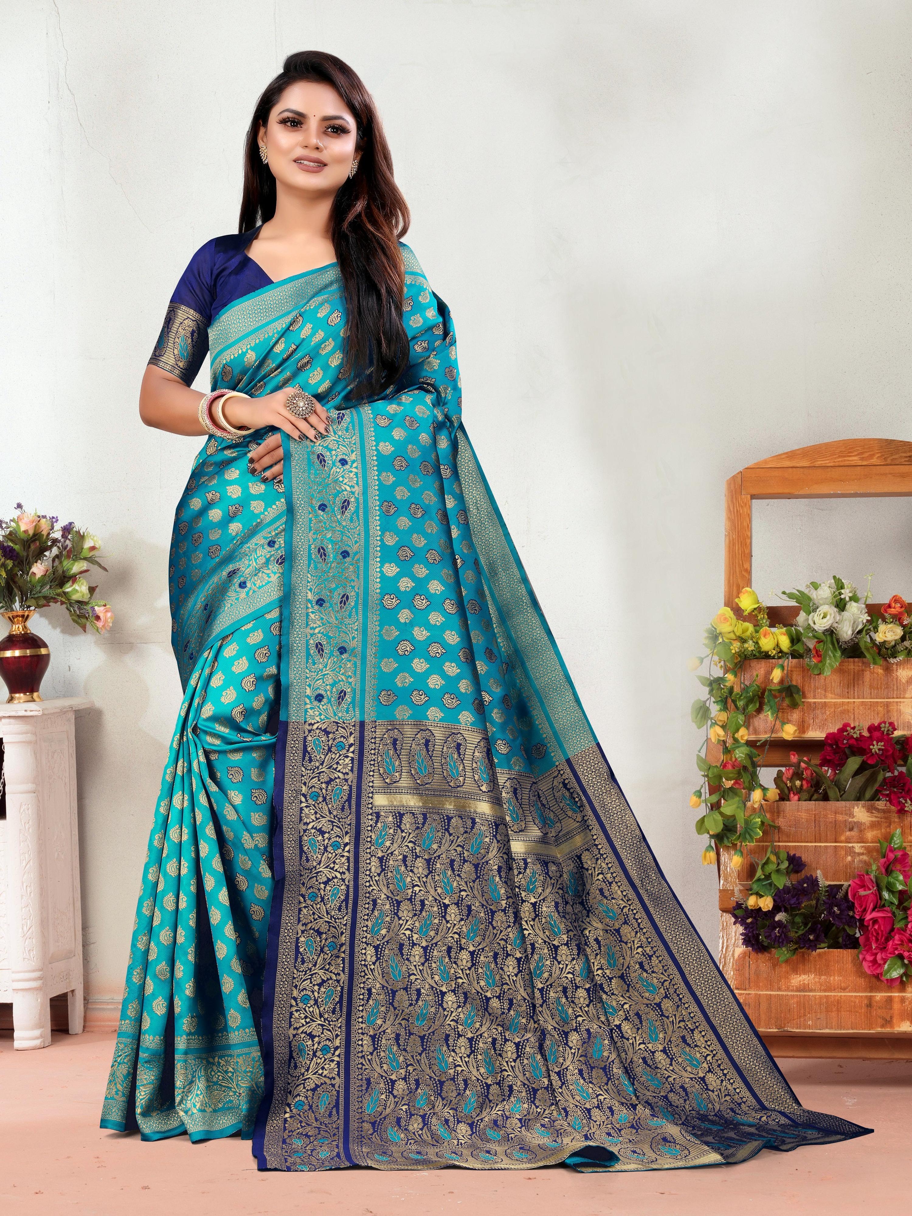 Vedant Vastram Litchi Silk Designer Banarasi Saree - Rama | Grocsy