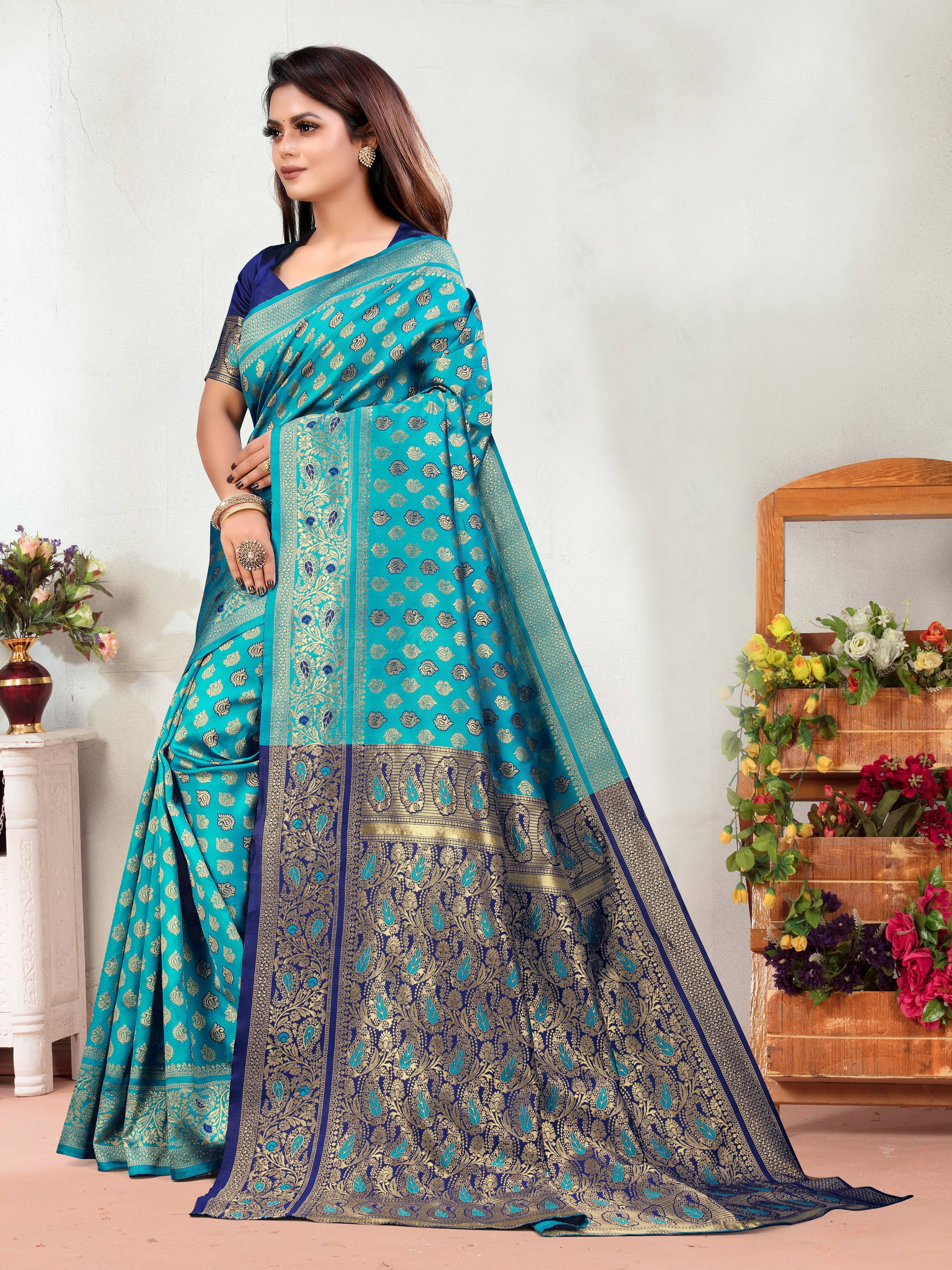 Vedant Vastram Litchi Silk Designer Banarasi Saree - Rama | Grocsy