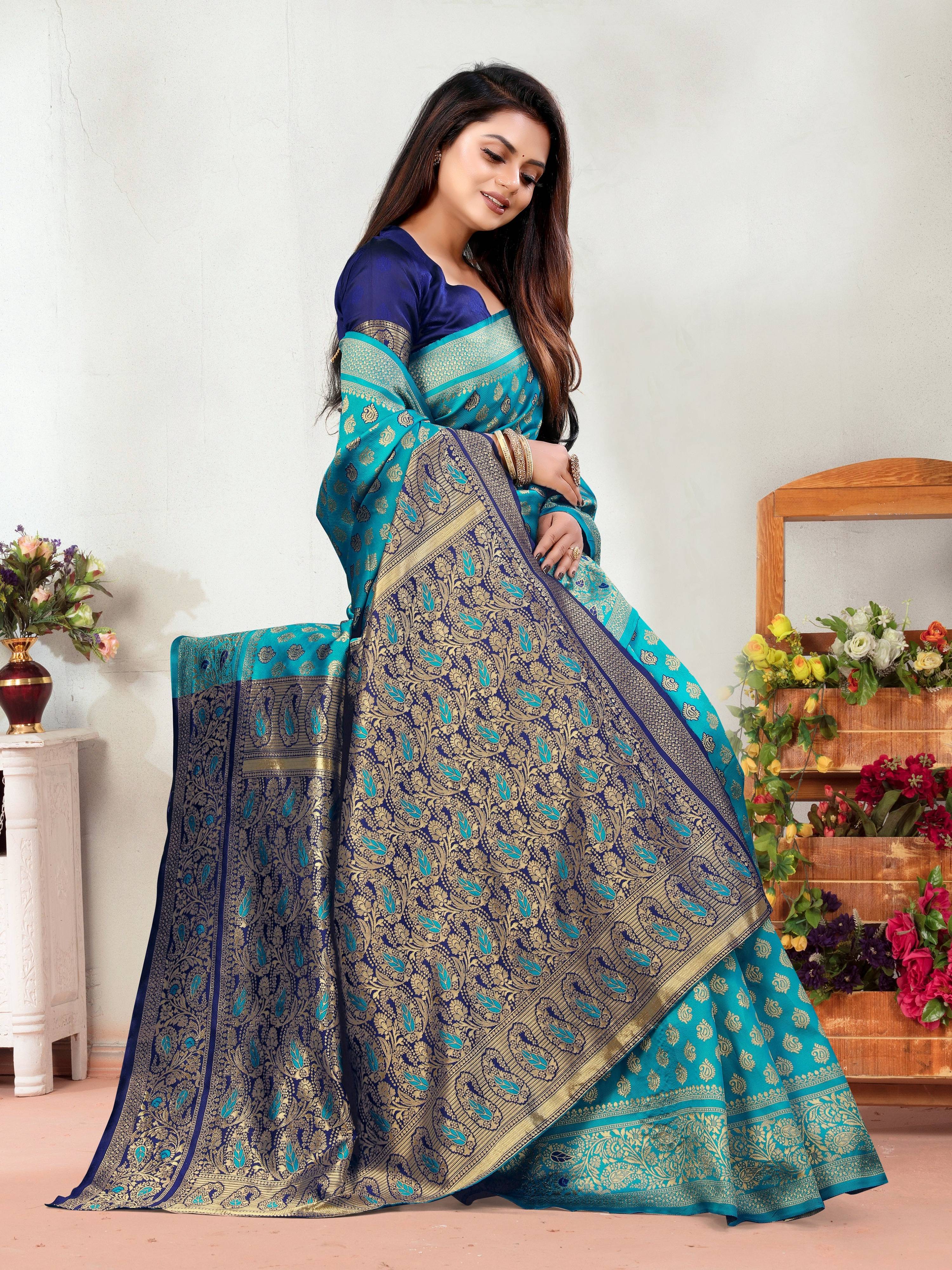 Vedant Vastram Litchi Silk Designer Banarasi Saree - Rama | Grocsy