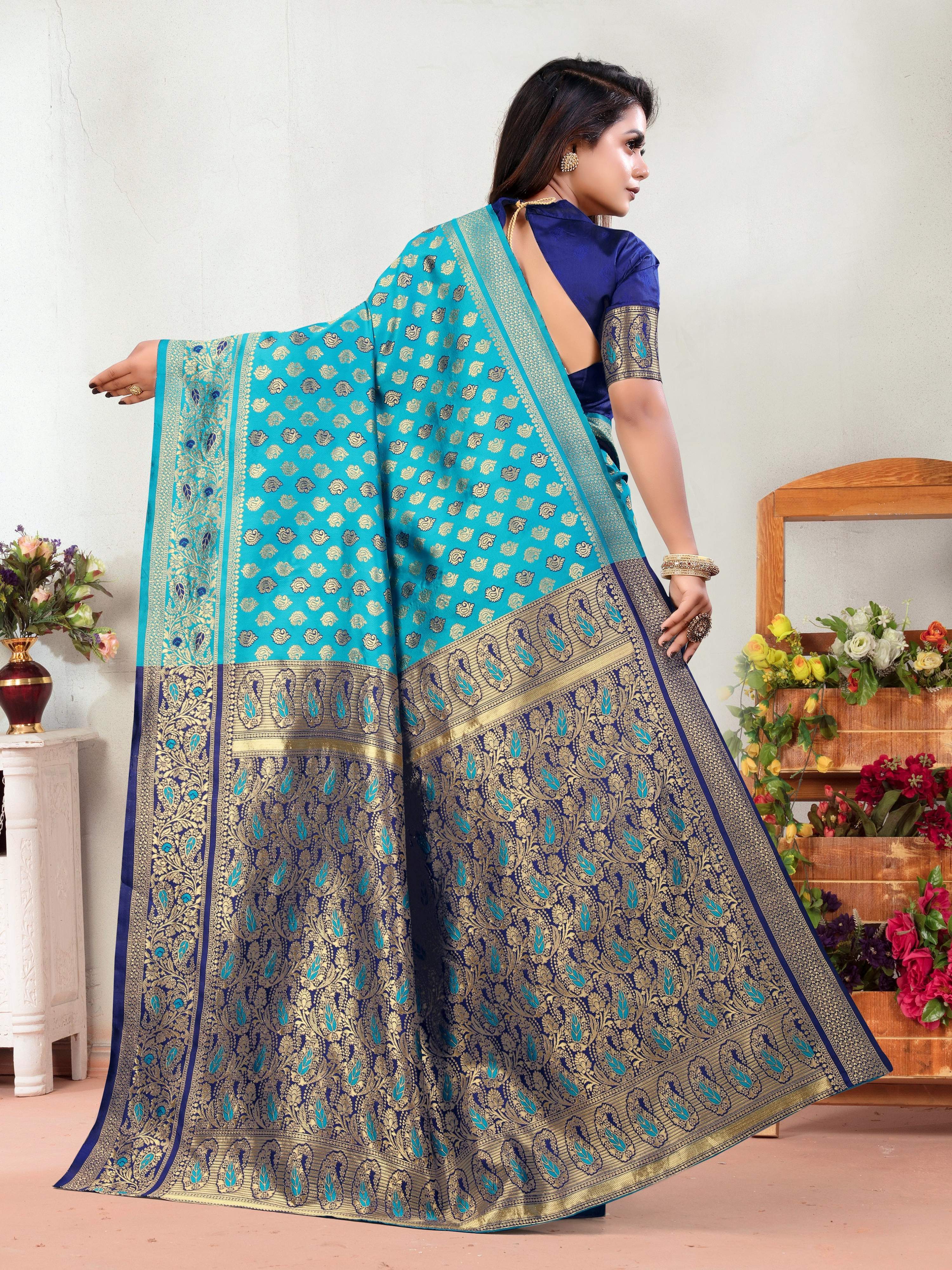 Vedant Vastram Litchi Silk Designer Banarasi Saree - Rama | Grocsy