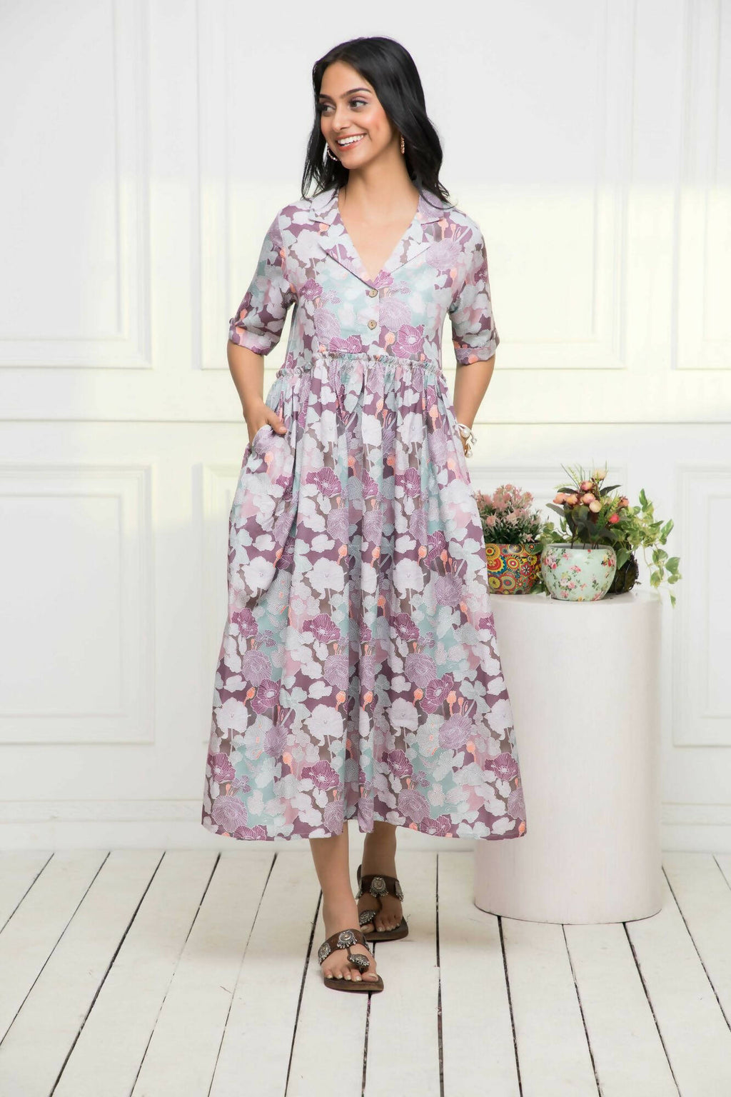 Myshka Women Multi-Floral Rayon A-Line V-Neck Dress | Grocsy