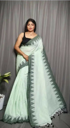 Exclusive Collection Beautiful Light Green Pure Cotton Woven Handloom Saree With Running Blouse Piece | Grocsy