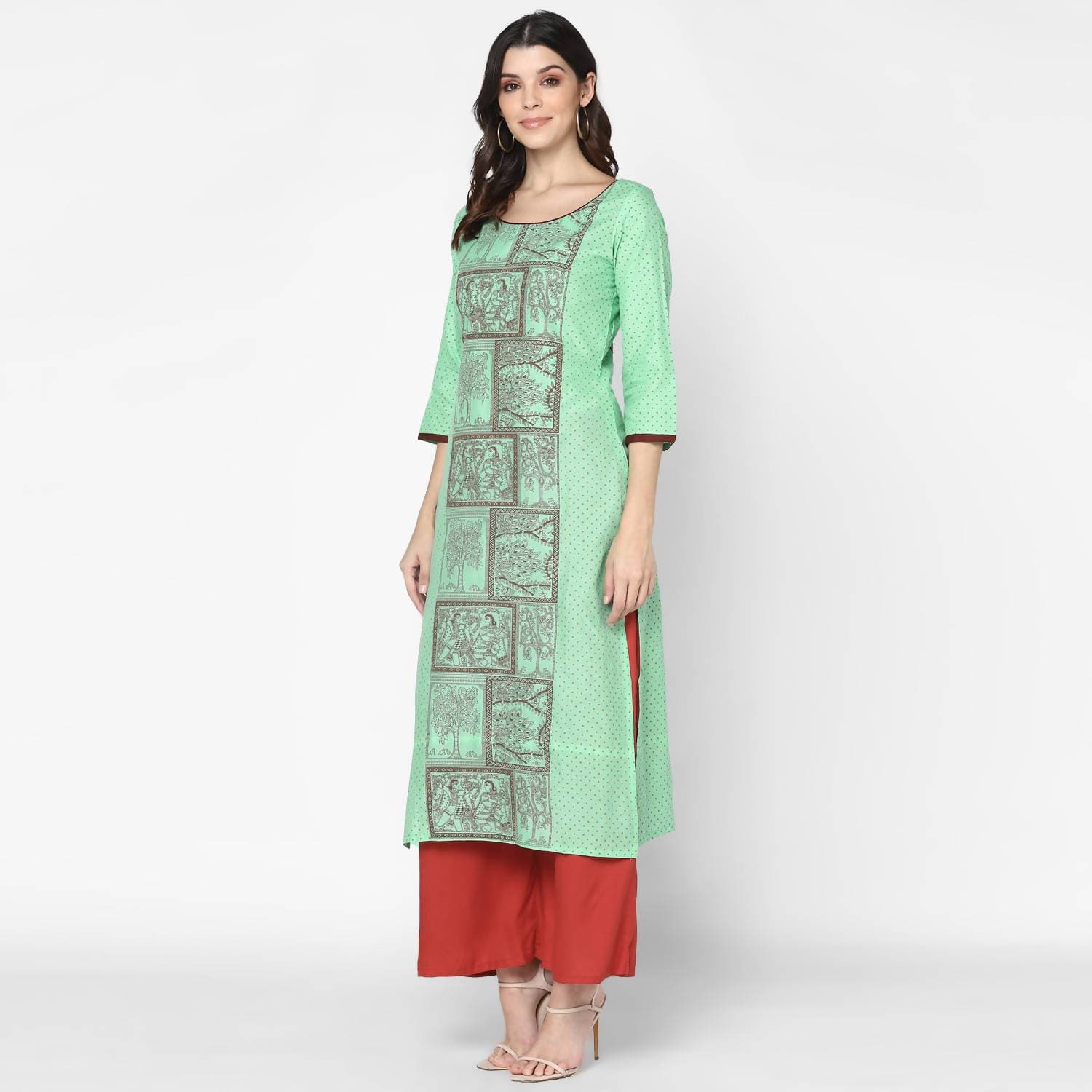 Cheera Hand Block Print Light Green & Maroon Straight Kurta With Palazzo (MAAI-090K) | Grocsy